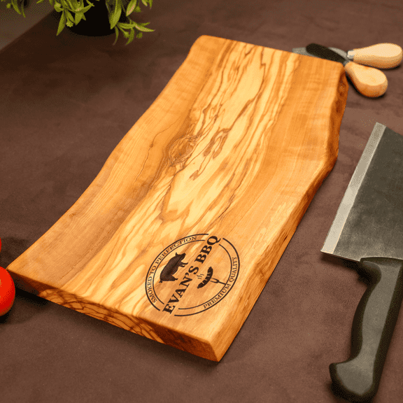 7x20 Personalized Olive Wood Cutting Board, Custom Engraved Charcuterie Board, Rustic Live Edge Serving Board