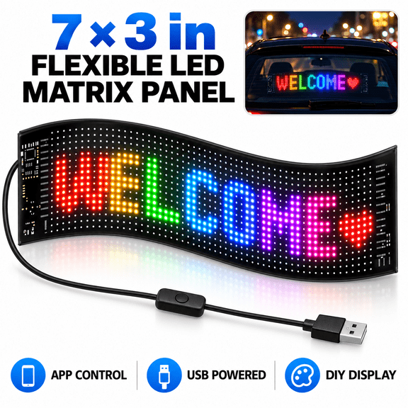 7x3" Flexible LED Sign,Bluetooth App Control,Custom Text,RGB Digital Display,USB Light Up,LED Message Board,IP66 Waterproof for Cars,Holidays,Bars & Parties