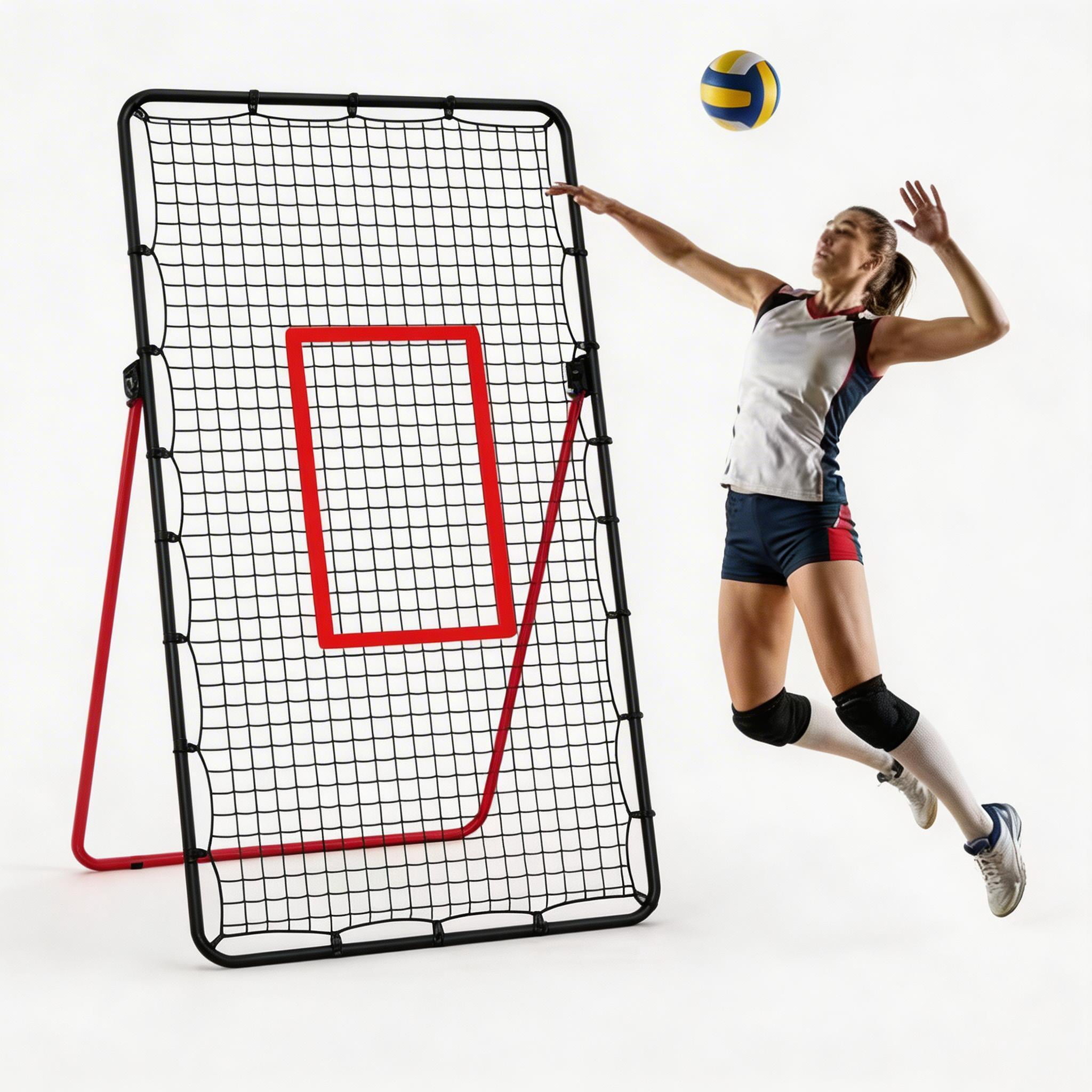 7x4 FT Volleyball Bounce Back Net, 5 Adjustable Angles, Foldable Heavy Duty Training Net with Ground Stakes, Red