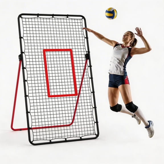 7x4 FT Volleyball Bounce Back Net, 5 Adjustable Angles, Foldable Heavy Duty Training Net with Ground Stakes, Red