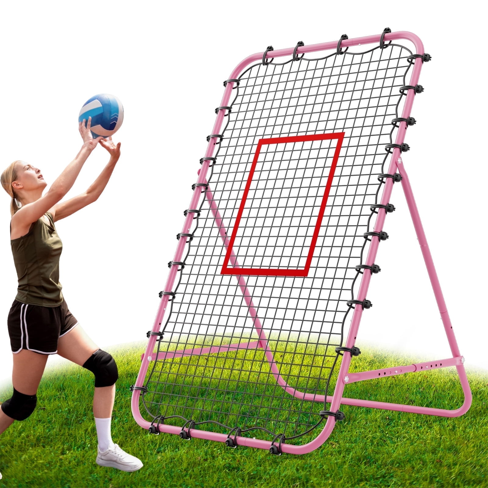 7x4 FT Volleyball Rebounder Net，Ultimate Training Equipment for Volleyball & Lacrosse，Enhanced Bouncing System for Volleying, Bumping, Spiking Drills，Multiple Adjustable Rebound Angles(Pink）