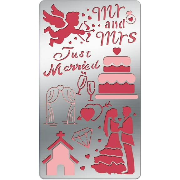 7x4 Inch Wedding Theme Metal Stencils Stainless Steel Painting Stencils for Wood Carving Drawings and Woodburning Engraving and Scrapbooking Project Gray