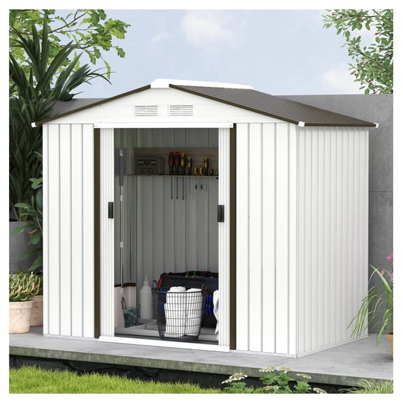 7x4 ft Garden Shed, Metal Storage Shed with Sliding Doors & Vents, Outdoor Tool House for Backyard, Patio, White