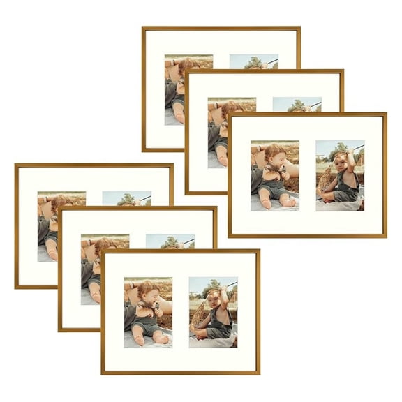 , 7x5 Aluminum Collage Frame, Display 5x7 Pictures With 2 Openings Mat or One 11x14 Photo, Real Glass, Portrait/Landscape Wall Display, Bronze, 6 Pack