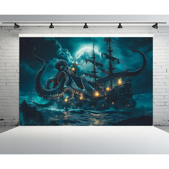 7x5 FT Halloween Pirate Ship Backdrop with Kraken Monster and Full Moon,Nautical Horror Theme for Birthday Wedding Party Decor