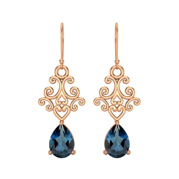 7x5 MM Pear Shape London Blue Topaz 925 Sterling Silver Rose Vermeil Filigree Dangle Drop Valentines Day Gifts Women Earring