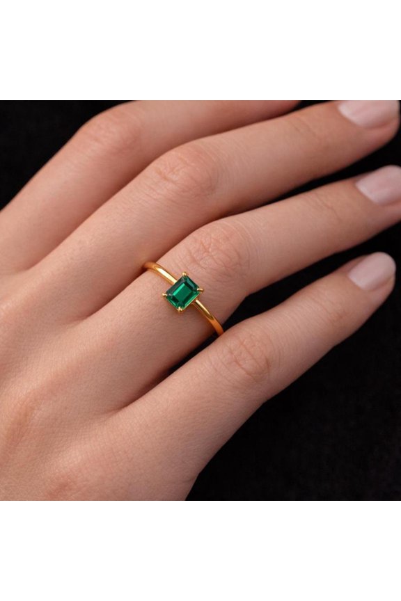 7x5 mm Minimal Emerald Cut Ring, Dainty Stackable Solitaire Ring with Band Color Variations, Adjustable Silver Gold Jewelry
