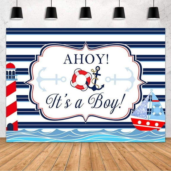 7x5FT Ahoy It's A Boy Backdrop Nautical Baby Shower Decorations Backdrop Navy Blue Stripe Red Sea Lighthouse Anchor Newborn Baby Party Banner Supplies Photography Background Photo Booth Props