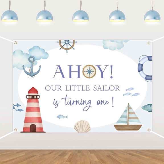 7x5FT Ahoy Nautical Boy 1st Birthday Backdrop Our Little Sailor Is Turning One Photography Background for Boys Lighthouse Anchor Sailboat First Birthday Party Decorations Banner Photo Booth Props