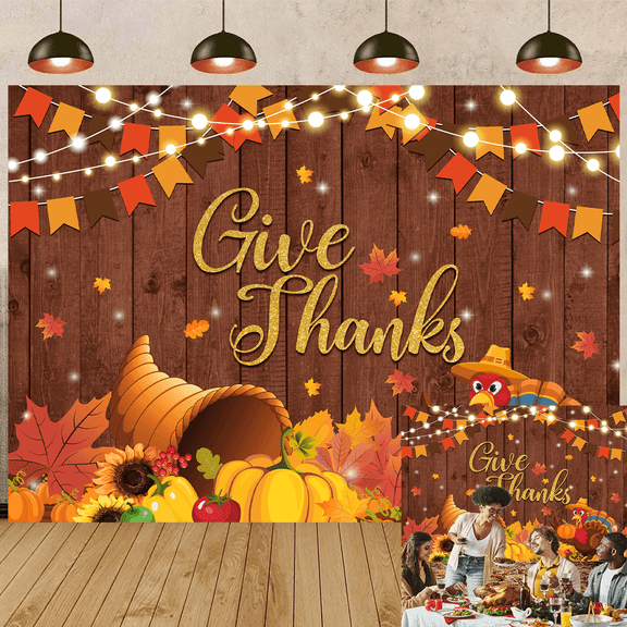 7x5FT Fall Thanksgiving Backdrop Give Thanks Autumn Pumpkin Maple Leaf Farm Harvest Photography Background Thanksgiving Wooden Poster Banner Turkey Festival Party Decorations