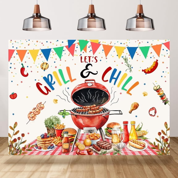 7x5FT BBQ Let's Grill and Chill Backdrop Backyard BBQ Picnic Party Background Barbecue Birthday Home Gathering Party Decorations Banner Supplies Photo Booth Props