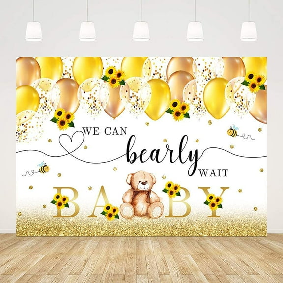 7x5FT Baby Shower Party Backdrop We Can Bearly Wait Photography Background Gold Balloons Sunflowers Bear Bee Party Decorations Cake Table Banner Photo Booth Props