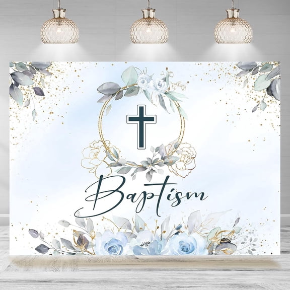 7x5FT Baptism Backdrop God Bless First Holy Communion Green Eucalyptus Blue Floral Baby Shower Photography Background Baptism Party Decorations Supplies Cake Table Banner Photo Booth Props