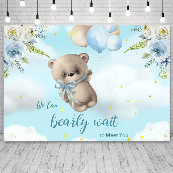 7x5FT Bear Baby Shower Backdrop for Boy We Can Bearly Wait to Meet You Photography Background Blue Floral Balloons Decorations Banner Photo Shoot Props
