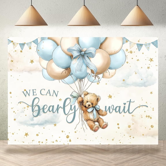 7x5FT Bear Baby Shower Backdrop We Can Bearly Wait Background for Boys Girls Blue Bow Balloon Clouds Newborn Birthday Party Decorations Banner Supplies Photo Booth Props