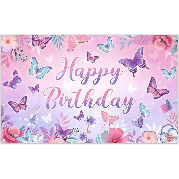 7x5FT Beautiful Butterfly Happy Birthday Backdrop Watercolor Floral Pink Purple Gradient Photography Background Girls Baby Shower Party Decoration Photo Booth Props