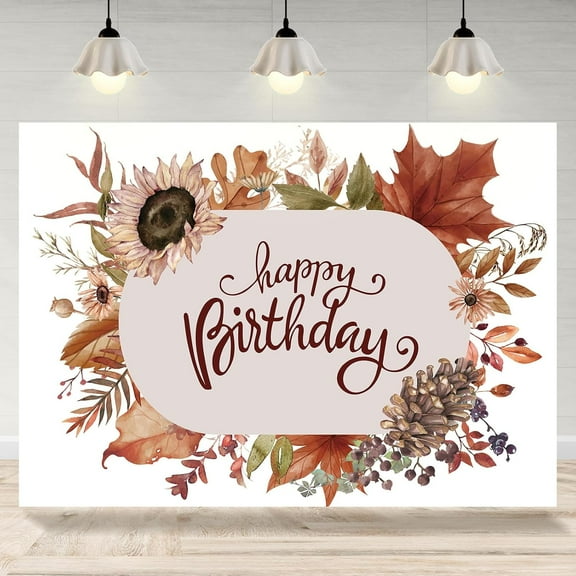 7x5FT Beautiful Happy Birthday Backdrop Autumn Maple Leaves Flowers Girls Women Photography Background Fall Banner Cake Table Supplies Favors Party Decorations Photo Booth Studio Props