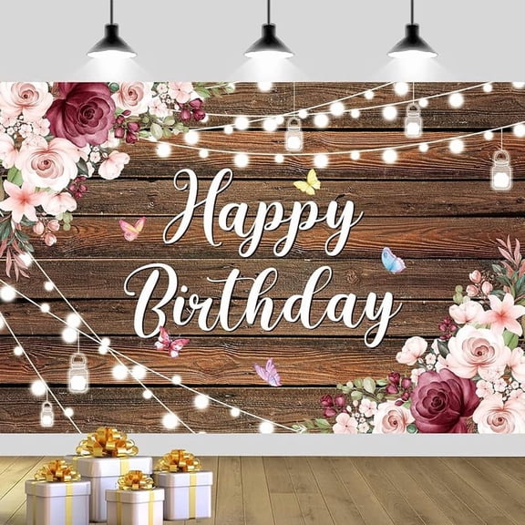 7x5FT Beautiful Rustic Wood Flower Happy Birthday Backdrops Cloth Birthday Photography Backgrounds Wooden Floral Butterfly Happy Birthday Sign Banner Decoration for Women Girl