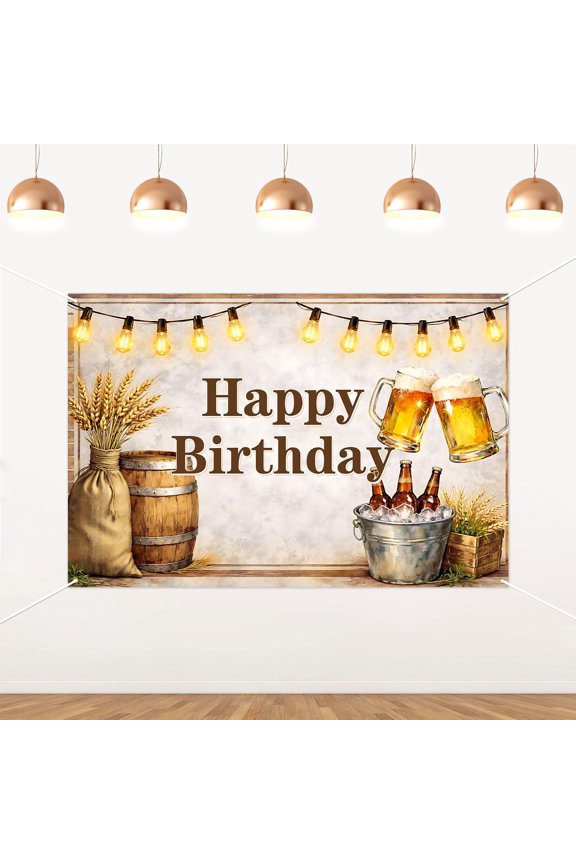 7x5FT Beer Happy Birthday Backdrop Rustic Barrel String Lights Birthday Background for Men Women Farmhouse Beer Mug Birthday Party Decorations Banner Supplies Photo Booth Props