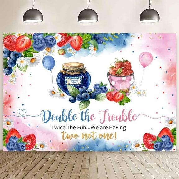 7x5FT Berry Twins Baby Shower Backdrop Double The Trouble Twice The Fun We are Having Two Not One Photography Background Watercolor It's Twins Gender Reveal Decor Banner Cake Smash Photo Prop