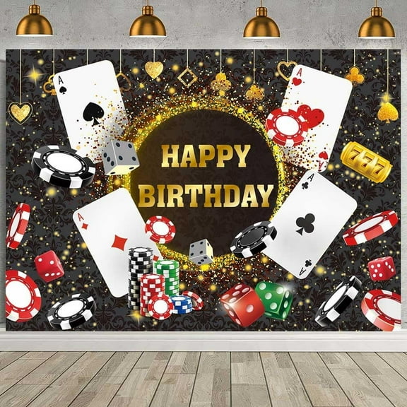 7x5FT Birthday Backdrop Las Vegas Casino Night Party Background for Casino Theme Poker Dice Gold Glitter Happy Birthday Party Decorations Banner