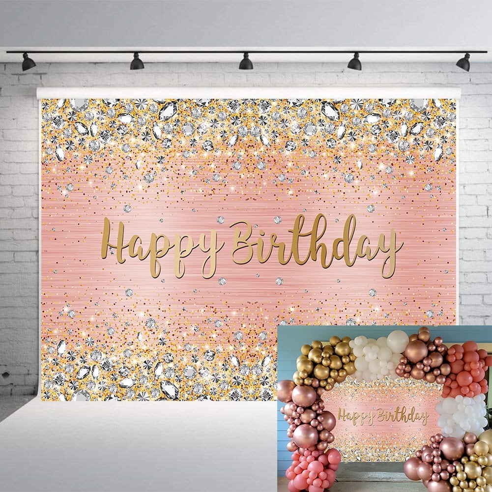 7x5FT Birthday Background Pink Birthday Backdrop Diamonds Glitter Shining Pink Gold Dot Sparkle Background for Photography Women Girls Birthday Decorations