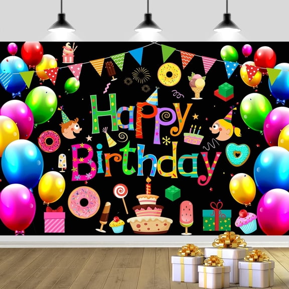7x5FT Black Colorful Happy Birthday Backdrop Cloth Birthday Photography Background Multi-Coloured Balloon Happy Birthday Sign Banner Decoration for Kids Children