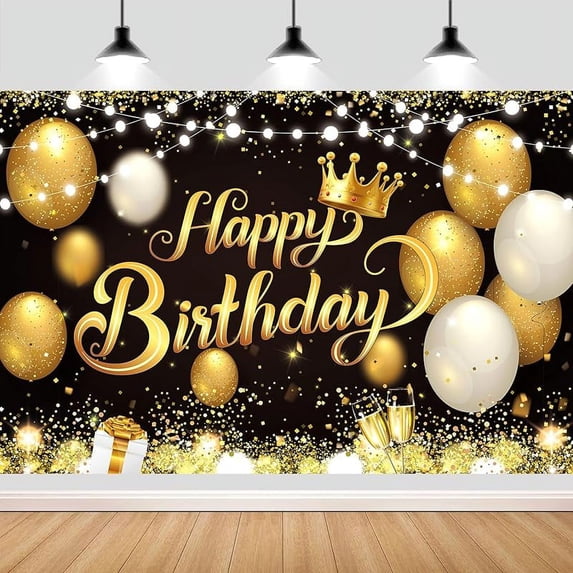 7x5FT Black Gold Happy Beautiful Birthday Party Backdrops Cloth Glitter ...