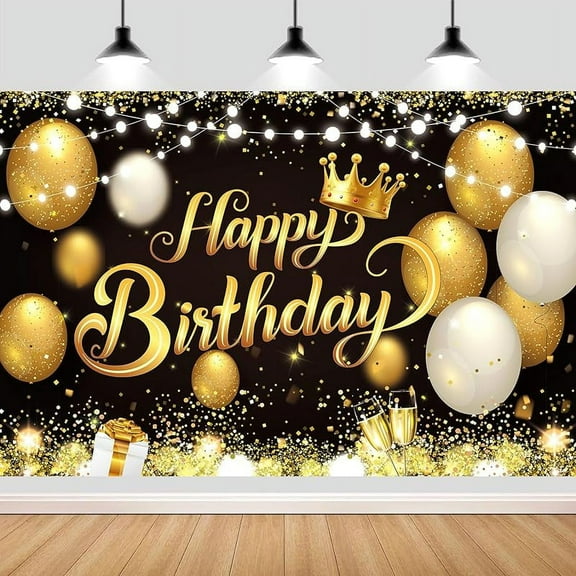 7x5FT Black Gold Happy Beautiful Birthday Party Backdrops Cloth Glitter Black Gold Happy Birthday Photography Backgrounds Banners Black Gold Happy Birthday Sign Decorations for Men Women