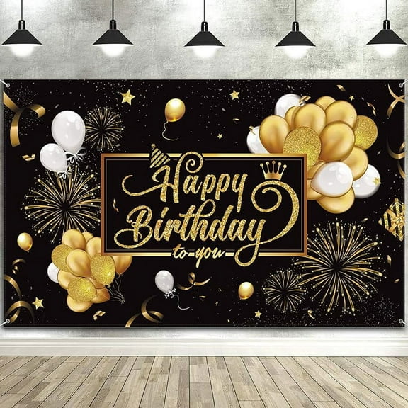 7x5FT Black and Gold Happy Birthday Backdrop Banner Sign Poster Large Fabric Glitter Balloon Fireworks Sign Photo Backdrop Background for Birthday Party Decoration Supplies