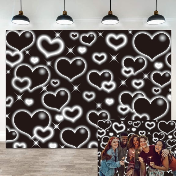 7x5FT Black Heart Photo Backdrop Black Heart Early 2000s Photography Backdrops Valentine's Day Backdrop Women Men Portrait Photo Decor Birthday Y2K Party Banner