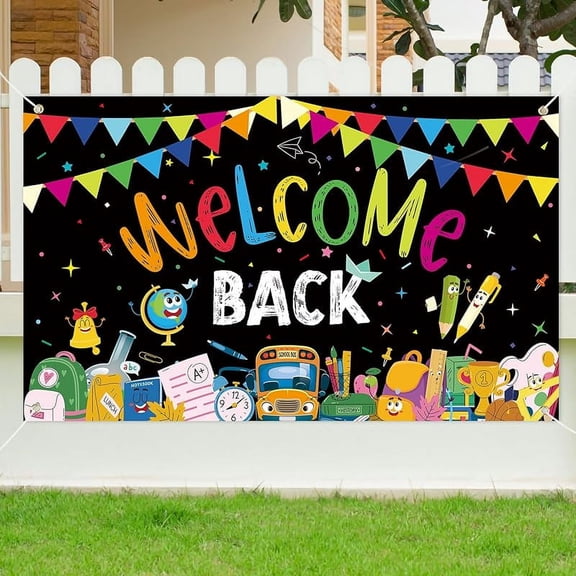 7x5FT Black Vibrant Welcome Back Backdrop, First Day of School Backdrop Banner Decoration Photo Booth Educational Theme Background for School Decoration