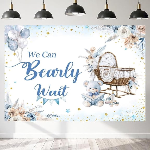 7x5FT Blue Bear Baby Shower Backdrop for Boys We Can Bearly Wait Photography Background Watercolor Blue Floral Balloons Newborn Birthday Party Decorations Banner Supplies Photo Booth Props