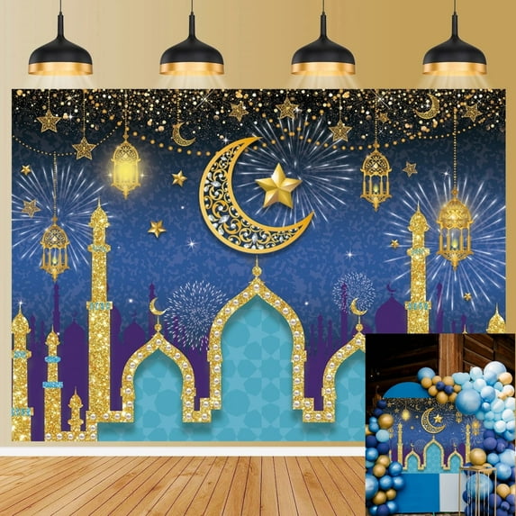 7x5FT Blue Eid Mubarak Backdrop Arabian Islamic Muslim Ramadan Mubarak Backdrop Lantern Moon Star Castle Decoration Party Background for Photography Photo Booth Props