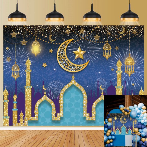 7x5FT Blue Eid Mubarak Backdrop Arabian Islamic Muslim Ramadan Mubarak Backdrop Lantern Moon Star Castle Decoration Party Background for Photography Photo Booth Props