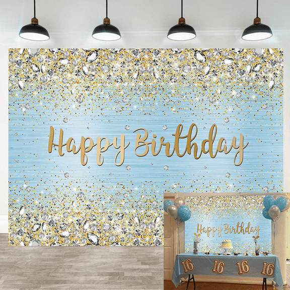 7x5FT Blue Happy Birthday Background Gold Diamond Sparkling Bokeh Photography Background Sweet Girl Party Photo Decoration Banner Dessert Cake Table Supplies
