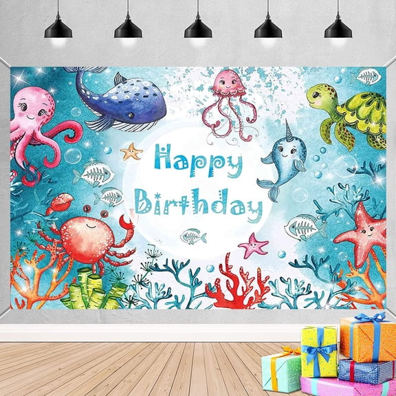 7x5FT Blue Ocean Theme Happy Birthday Beautiful Backdrop Under The Sea Backdrop Underwater Animals Dolphin Turtle Coral Photography Background for Boy Girl Ocean Theme Birthday Party Decorations
