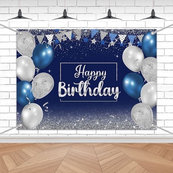 7x5FT Blue and Silver Sparkling Balloon Happy Birthday Backdrop Party Decorations Photography Background For Men Birthday Celebration Banner Men Birthday Event