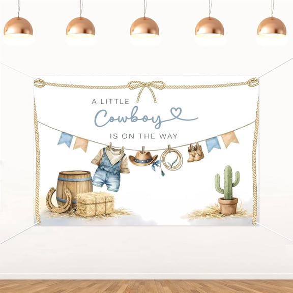 7x5FT Blue Western Cowboy Baby Shower Backdrop A Little Cowboy is on the Way Background Cactus Boots Rodeo Rustic Farm Gender Reveal Party Decorations Banner Supplies Photo Booth Props