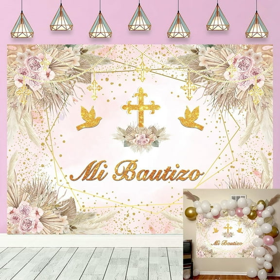 7x5FT Boho Baptism Background for Photography God Bless First Holy Communion Party Background Girl Rose Golden Floral Christening Banner Party Decorations Supplies