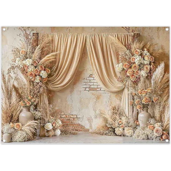 7x5FT Boho Floral Wedding Backdrop Brick Bohemian Pampas Grass Art Retro Flowers Photography Background Girls Bridal Shower Party Decoratins Banner Photo Props