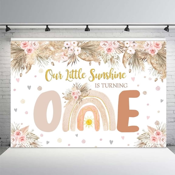 7x5FT Boho Rainbow Backdrop Our Little Sunshine is Turning One Banner Gold Glitter Photo Booth Bohemian Pampas Grass Blush Pink Floral Girls 1st Birthday Party Decorations Props Background