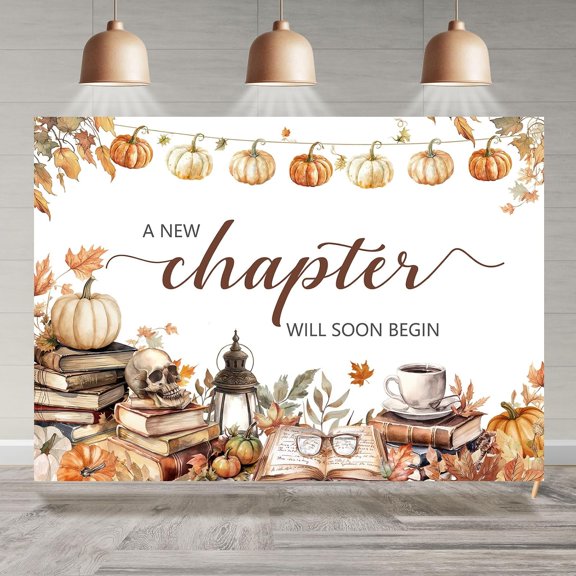 7x5FT Books Pumpkin Themed Baby Shower Backdrop A New Chapter Will Soon Begin Maple Autumn Photography Background Baby Shower Party Decoration Supplies Banner Photo Booth Studio Props