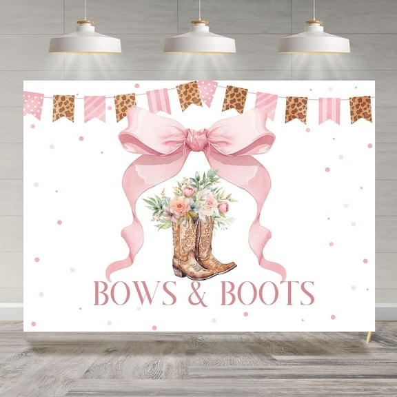 7x5FT Bows and Boots Themed Baby Shower Backdrop Pink Floral Photography Background for Girls Boys Newborn Baby Shower Party Decoration Supplies Cake Table Banner Photo Booth Studio Props