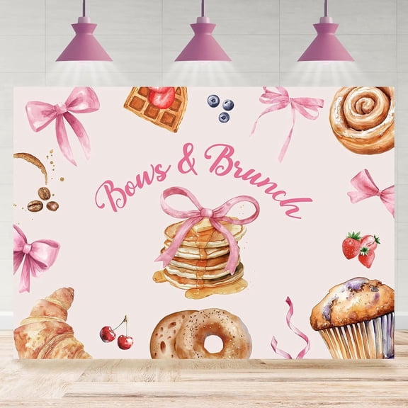 7x5FT Bows and Brunch Themed Baby Shower Backdrop Dessert Fruits Coffee Bowknot Photography Background for Girls Baby Shower Party Decoration Supplies Cake Table Banner Photo Booth Props