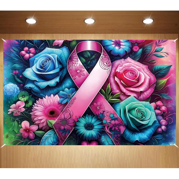 7x5FT Breast Cancer Awareness Beautiful Backdrop Banner Breast Cancer Pink Ribbon Butterfly Photography Support Peace Hope Power Faith Photography Background Wall Decoration for Home Office