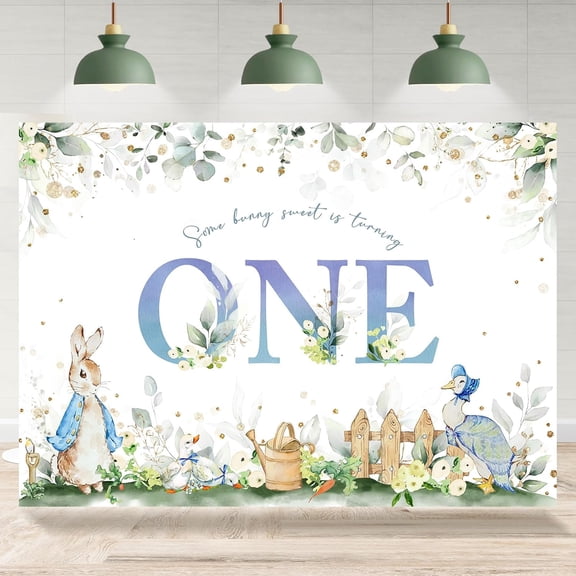 7x5FT Bunny 1st Birthday Backdrop Easter Rabbit Eucalyptus Leaves Fence Golden Dots Birthday Background First Birthday Party Decorations Banner Supplies Photo Booth Props