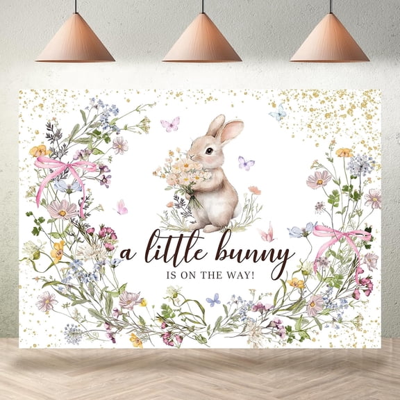 7x5FT Bunny Baby Shower Backdrop for Girl Wildflower Bowknot Leaves Floral Photography Background Easter Spring Rabbit Baby Shower Party Decorations Banner Supplies Photo Booth Props