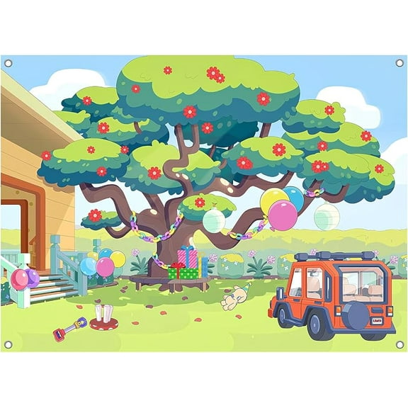 7x5FT Cartoon Dog Garden Tree Backdrop, Blue Sky Ballon Birthday Polyester Photography Background for Parties, Happy Birthday Photo Booth Prop Decorations