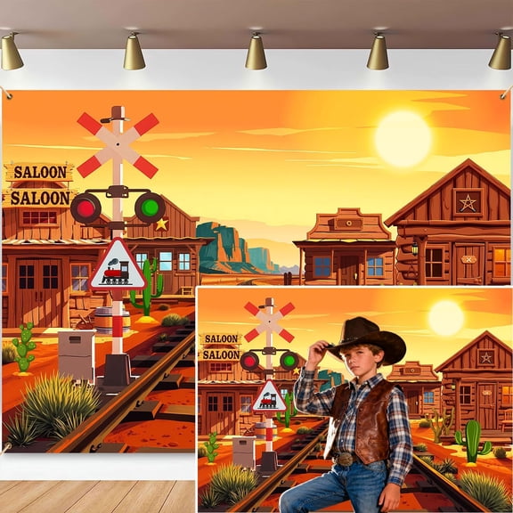 7x5FT Cartoon Western Railroad Backdrop Western Desert Railway Crossing Birthday Photography Background Rustic Town Cactus Cowboy Cowgirl Baby Shower Party Decorations Banner Photo Booth Props